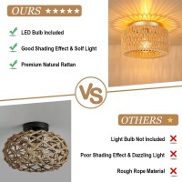 Sinerise Rattan Ceiling Light Fixtures 12Inch Led Bulb Included Handwoven Boho Flush Mount Ceiling Light Rattan Chandelie