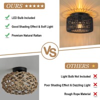 Sinerise Rattan Ceiling Light Fixtures 12Inch Led Bulb Included Handwoven Boho Flush Mount Ceiling Light Rattan Chandelie