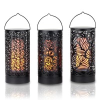 Trirocks Led Flame Effect Light, 7-Inch High Battery Operated Breathing Lamp, Floral Hollow Design Lantern Set With Timer, 3-Pack Iron Decorative Lighting For Indoor/Outdoor, Patio, Garden, Deck, Yard