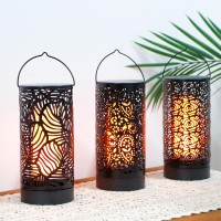 Trirocks Led Flame Effect Light, 7-Inch High Battery Operated Breathing Lamp, Floral Hollow Design Lantern Set With Timer, 3-Pack Iron Decorative Lighting For Indoor/Outdoor, Patio, Garden, Deck, Yard