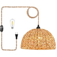 Qiyizm Plug In Pendant Light Hanging Lights With Plug In Cord Rattan Hanging Lamp Dimmable,Boho Woven Wicker Bamboo Lamp Shade,Hemp Rope Plug In Ceiling Light Fixture For Living Room Bedroom Kitchen