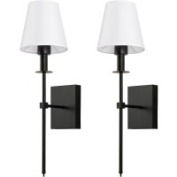 Keluoly Black Wall Sconces Set Of 2 Hardwired Indoor Wall Lights Fixtures With White Fabric Shade Bathroom Vanity Standing Brac