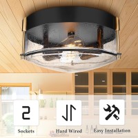 Rosient Close To Ceiling Light Fixture, 12 Inch Farmhouse Bubble Glass Ceiling Light Fixture With Metal Cage, 2-Light Black Gold Ceiling Lamp For Kitchen Dining Living Room Bathroom Hallway Foyer