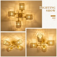 Luzbblu Rattan Semi Flush Mount Ceiling Lighting Fixture 4Light Boho Light Fixtures Ceiling With Rattan Shade Modern Sputnik Ch