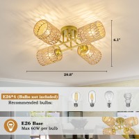 Luzbblu Rattan Semi Flush Mount Ceiling Lighting Fixture 4Light Boho Light Fixtures Ceiling With Rattan Shade Modern Sputnik Ch