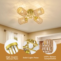 Luzbblu Rattan Semi Flush Mount Ceiling Lighting Fixture 4Light Boho Light Fixtures Ceiling With Rattan Shade Modern Sputnik Ch