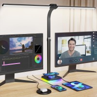 Yeuslor Black Desk Lamp For Office Gaming,Double Head Light For Home&Office,Adjustable Light Mode And Brightness,Adjustable Height&Angle In Metal Polwith Wireless Charger&2 Usb And 1 Type-C Ports