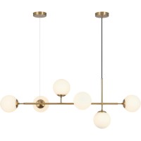 Mid Century Modern Chandelier Pendant Lights Glass Globe Ceiling Hanging Light Fixture With White Glass Shade Linear Sputnik Chandelier For Kitchen Island Living Dining Room Bedroom(Gold+White)