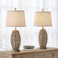 27 Natural Rattan Table Lamps Set Of 2 Touch Switch 3Way Dimmable Bedside Lamps With Ac Usb Charging Ports Oatmeal Lampsha