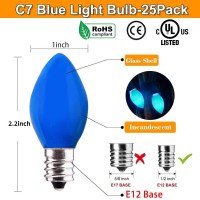 25 Pack C7 Blue Light Bulbs Halloween Christmas Replacement Bulbs C7 Light Bulbs C7 Incandescent Light Bulbs 5W C7E12 Candelabr