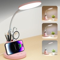 Sailstar Desk Lamp For Home Office, Small Desk Lamp With Wireless Charger & Pen Holder, Cute Desk Lamp Led Dimmable Touch 3 Lighting Modes Memory, Gooseneck Pink Desk Light For College Dorm Room