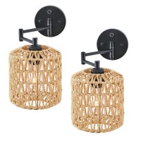 Rattan Wall Sconce Set Of Two, Modern Swing Arm Black Wall Lamp With Boho Woven Lampshade & Dimmable On/Off Switch,Wall Mount Reading Light Fixture Bedside Lamp For Stairway Bedroom Living Room Office