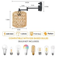 Rattan Wall Sconce Set Of Two, Modern Swing Arm Black Wall Lamp With Boho Woven Lampshade & Dimmable On/Off Switch,Wall Mount Reading Light Fixture Bedside Lamp For Stairway Bedroom Living Room Office