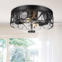 Rosient Industrial Flush Mount Ceiling Light Close To Ceiling Light Fixture With Black Metal Cage 2Light Ceiling Lamp With Bu