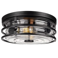 Rosient Industrial Close To Ceiling Light Fixture, Flush Mount Ceiling Light With Black Metal Cage Striped Glass, 2-Light Ceiling Lamp For Kitchen Hallway Bedroom Living Room Foyer