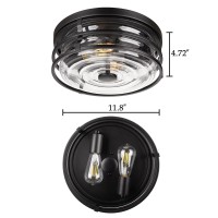 Rosient Industrial Close To Ceiling Light Fixture, Flush Mount Ceiling Light With Black Metal Cage Striped Glass, 2-Light Ceiling Lamp For Kitchen Hallway Bedroom Living Room Foyer