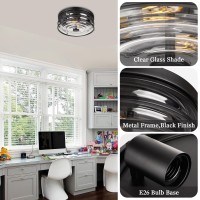 Rosient Industrial Close To Ceiling Light Fixture, Flush Mount Ceiling Light With Black Metal Cage Striped Glass, 2-Light Ceiling Lamp For Kitchen Hallway Bedroom Living Room Foyer