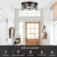 Rosient Industrial Close To Ceiling Light Fixture, Flush Mount Ceiling Light With Black Metal Cage Striped Glass, 2-Light Ceiling Lamp For Kitchen Hallway Bedroom Living Room Foyer