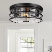 Rosient Industrial Close To Ceiling Light Fixture, Flush Mount Ceiling Light With Black Metal Cage Striped Glass, 2-Light Ceiling Lamp For Kitchen Hallway Bedroom Living Room Foyer