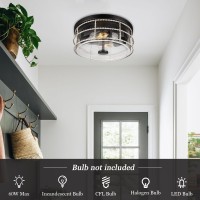 Rosient Farmhouse Flush Mount Ceiling Light, Close To Ceiling Light With Seeded Glass, Round Ceiling Lamp With Metal Cage For Kitchen Hallway Bedroom Living Room Foyer White