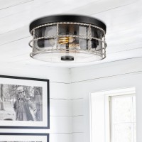 Rosient Farmhouse Flush Mount Ceiling Light, Close To Ceiling Light With Seeded Glass, Round Ceiling Lamp With Metal Cage For Kitchen Hallway Bedroom Living Room Foyer White