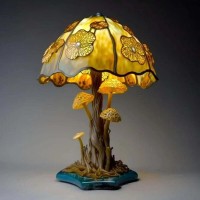 Vintage Painting Glass Mushroom Table Lamp Mushroom,Stained Glass Plant Series (Yellow Flower)