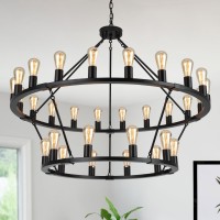 Senyshilon Black Wagon Wheel Chandelier, 2 Tier Farmhouse Chandeliers For Dining Room Light Fixture, 30-Lights 48 Inch Extra Large Chandelier For High Ceilings Living Room Kitchen Island Foyer