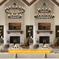 Senyshilon Black Wagon Wheel Chandelier, 2 Tier Farmhouse Chandeliers For Dining Room Light Fixture, 30-Lights 48 Inch Extra Large Chandelier For High Ceilings Living Room Kitchen Island Foyer