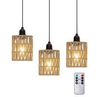 Ecogehen 3 Pack Outdoor Chandelier Pendant Light For Gazebo Battery Operated Boho Hanging Lamp Handmade Rattan Shade Dimmable Led Bulb Lights Lantern Powered By 4*Aa Batteries For Porch Patio Bedroom