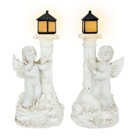 Zzbiqs Set Of 2 Cherubs Angels Statue Garden Decor, Roman Pillar Stand Greek Column Fairy Resin Praying Figurines For Outdoor, Porch, Patio, Yard Art Decorations, Solar Powered