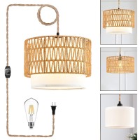 Boho Plug In Pendant Light Rattan Hanging Lights With Plug In Cord Indoor Hanging Lamp With Dimmer Switch Wicker Bamboo Woven La