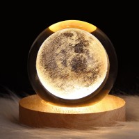 Hfehskj 3D Galaxy Crystal Ball Night Light Led Solar System Crystal Ball Night Light With Wooden Base Moon Planet Crystal Ball