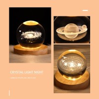 Hfehskj 3D Galaxy Crystal Ball Night Light Led Solar System Crystal Ball Night Light With Wooden Base Moon Planet Crystal Ball