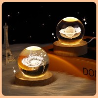 Hfehskj 3D Galaxy Crystal Ball Night Light Led Solar System Crystal Ball Night Light With Wooden Base Moon Planet Crystal Ball