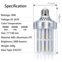 Led Corn Light Bulb, 300 Watt Equivalent Led Bulb, 30W Led Corn Light Bulb, Warm White 3000K, 3000Lm E26 / E27 Base, For Photo Light, Warehouse,Garage Lighting, Barn, Patio (Warm White-3000K, Silver)