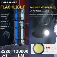 Rechargeable Flashlight, 12000 Lumens, Super Bright Led Torch With Cob Work Light, High Power, Powerful Handheld Flashlights For Emergencies, Camping, Hiking (Black)