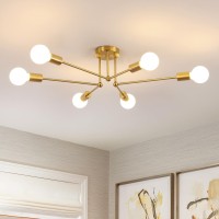 Delipop Sputnik Light Fixture, 6-Light Modern Semi Flush Mount Ceiling Light, E26 Gold Light Fixtures, Mid-Century Chandelier Ceiling Light Fixture For Living Room, Dining Room, Bedroom, Kitchen