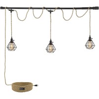 Kenmi 3Light Hanging Light With Plug In Cord Plug In Pendant Light 22Ft Hemp Rope Pendant Lighting Vintage 3Light Metal Cage H