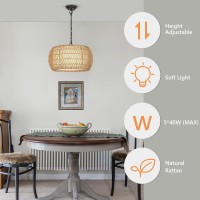 Rattan Farmhouse Chandelier Light Fixtures, 5-Lights Boho Large Pendant Light,Hand Woven Chandeliers For Dining Room With Fabric Shade,Rustic Chandeliers Hanging Light Fixtures For Kitchen Island