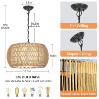 Rattan Farmhouse Chandelier Light Fixtures, 5-Lights Boho Large Pendant Light,Hand Woven Chandeliers For Dining Room With Fabric Shade,Rustic Chandeliers Hanging Light Fixtures For Kitchen Island