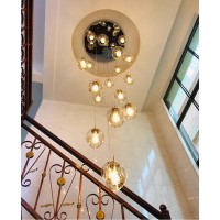 Meimond Long Chandeliers For High Ceilings,Modern Crystal Balls Pendant Light,Globe Raindrop Drop Lamp,Flush Mount Hanging Lighting Fixtures For Spiral Staircase,Foyer,Entryway,Living(Color:15 Lights)