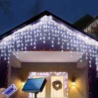 Janchs 304 Led Solar Christmas Icicle Lights For Christmas Decorations, 8 Mode Outdoor Waterproof Solar Xmas Fairy Icicle String Lights For Christmas Wedding Party House Eaves Roof Decor (Cool White)