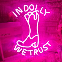 In Dolly We Trust Neon Sign Pink Cowgirl Boots Led Signs Neon Light Country Retro Style Neon Wall Art Usb Powered For Teen Co