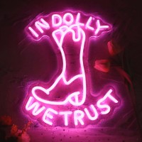 In Dolly We Trust Neon Sign Pink Cowgirl Boots Led Signs Neon Light Country Retro Style Neon Wall Art Usb Powered For Teen Co