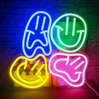 Wedxixi Smile Faces Neon Sign Led Colorful Distorted Happy Faces Neon Light Signs For Wall Decor Usb Light Up Signs For Kids Bed