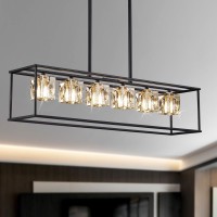 Okes Dining Room Chandelier, Modern Crystal Rectangle Chandeliers Light Fixture,Black And Gold Islander Light, Height Adjustable 6 Lights Fixtures For Kitchen Island Farmhouse,Living Room Pool Table