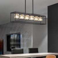 Okes Dining Room Chandelier, Modern Crystal Rectangle Chandeliers Light Fixture,Black And Gold Islander Light, Height Adjustable 6 Lights Fixtures For Kitchen Island Farmhouse,Living Room Pool Table