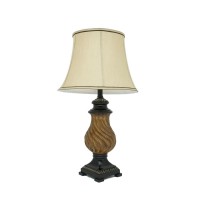 29 Inch Table Lamp, Traditional Round Beige Fabric Shade, Brown Plinth Base