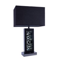 28 Inch Nickel Table Lamp, Black Fabric Shade, Glass Panel And Led Accents