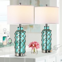 Cottage Nautical Accent Table Lamp Set Of 2 Touch Coastal Blue Green Glass Rope Net Bedside Lamp With Usb Ca Fast Charging Por